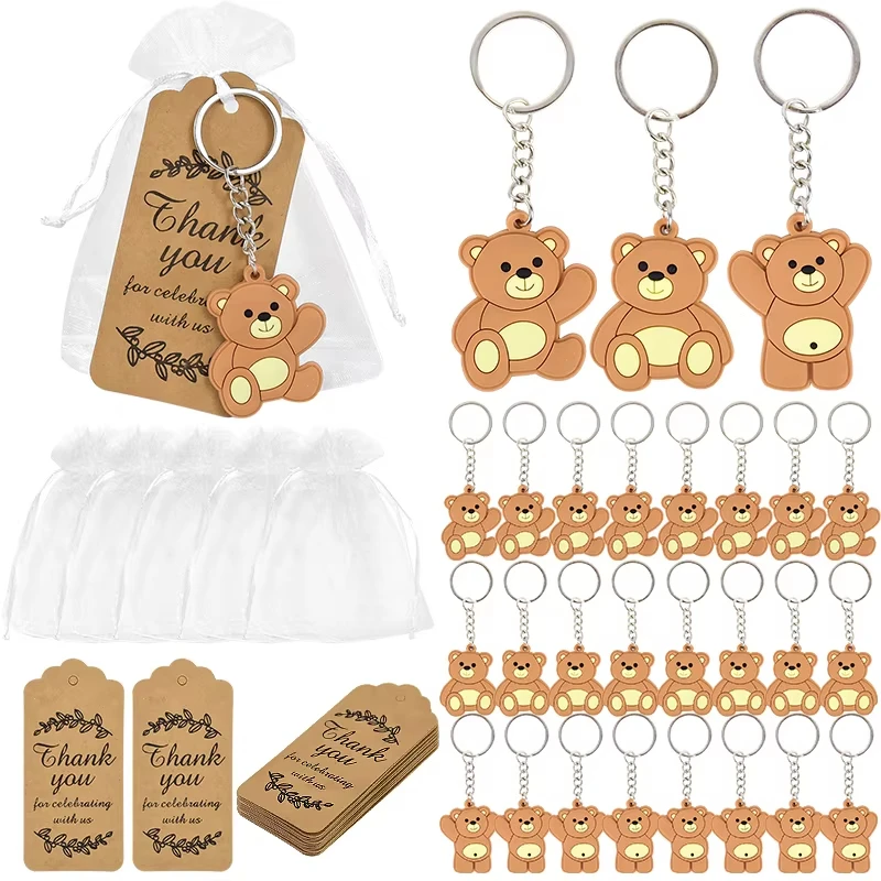 

30Pcs Baby Shower Souvenirs Gift Organza Bag with Bear Keychain Thank You Kraft Tag Girl Boy Birthday Party Favors for Guests