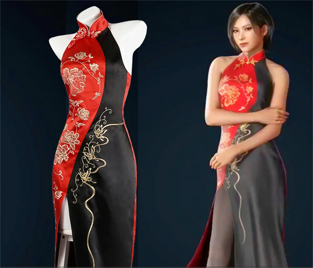 

Game RE4 Remake Ada Wong Cosplay Costume Sexy Black Red Embroidered Cheongsam Dress Women Halloween Carnival Disguise Clothes