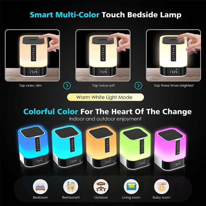 Bluetooth Speaker, 5 in 1 Touch Control Bedside Lamp Dimmable Multi-Color Changing, Bedroom Alarm Clock