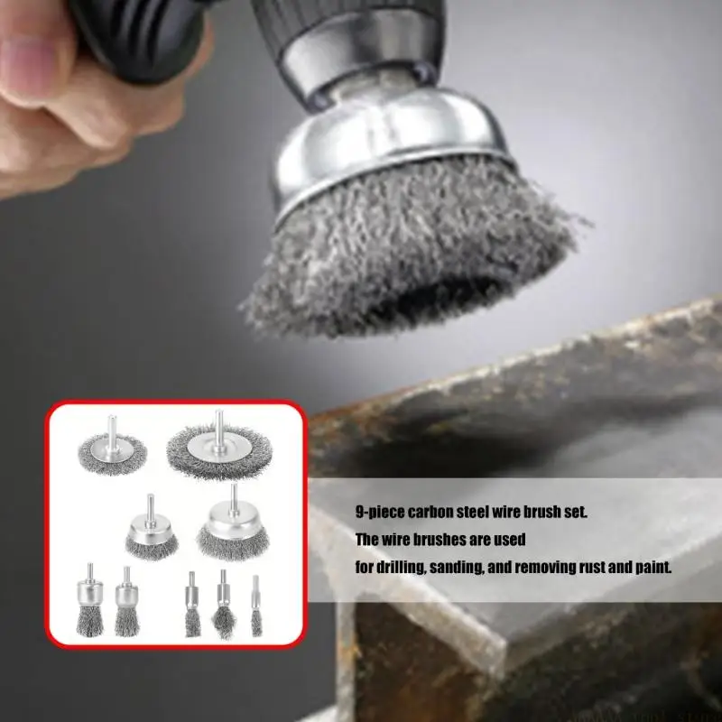 A2BE 9PCS Carbon Steel Drill Wheel Brushing Set Abrasive Wire For Rust Removal