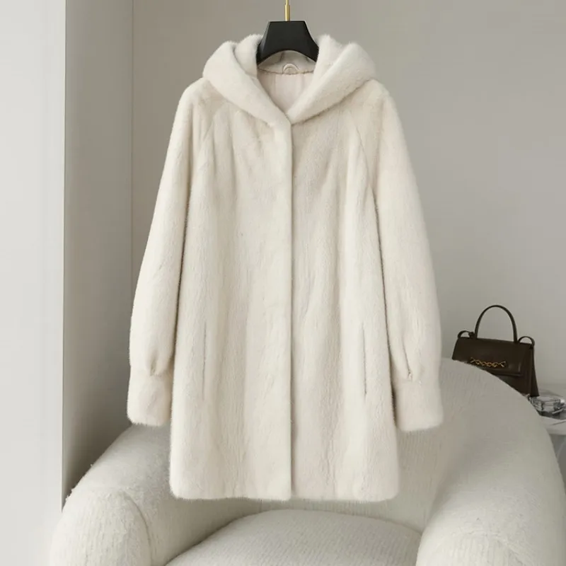 Abrigo largo de piel de visón Real para mujer, chaqueta de talla grande, 2023 Natural, con capucha, a la moda, para invierno, novedad de 100%