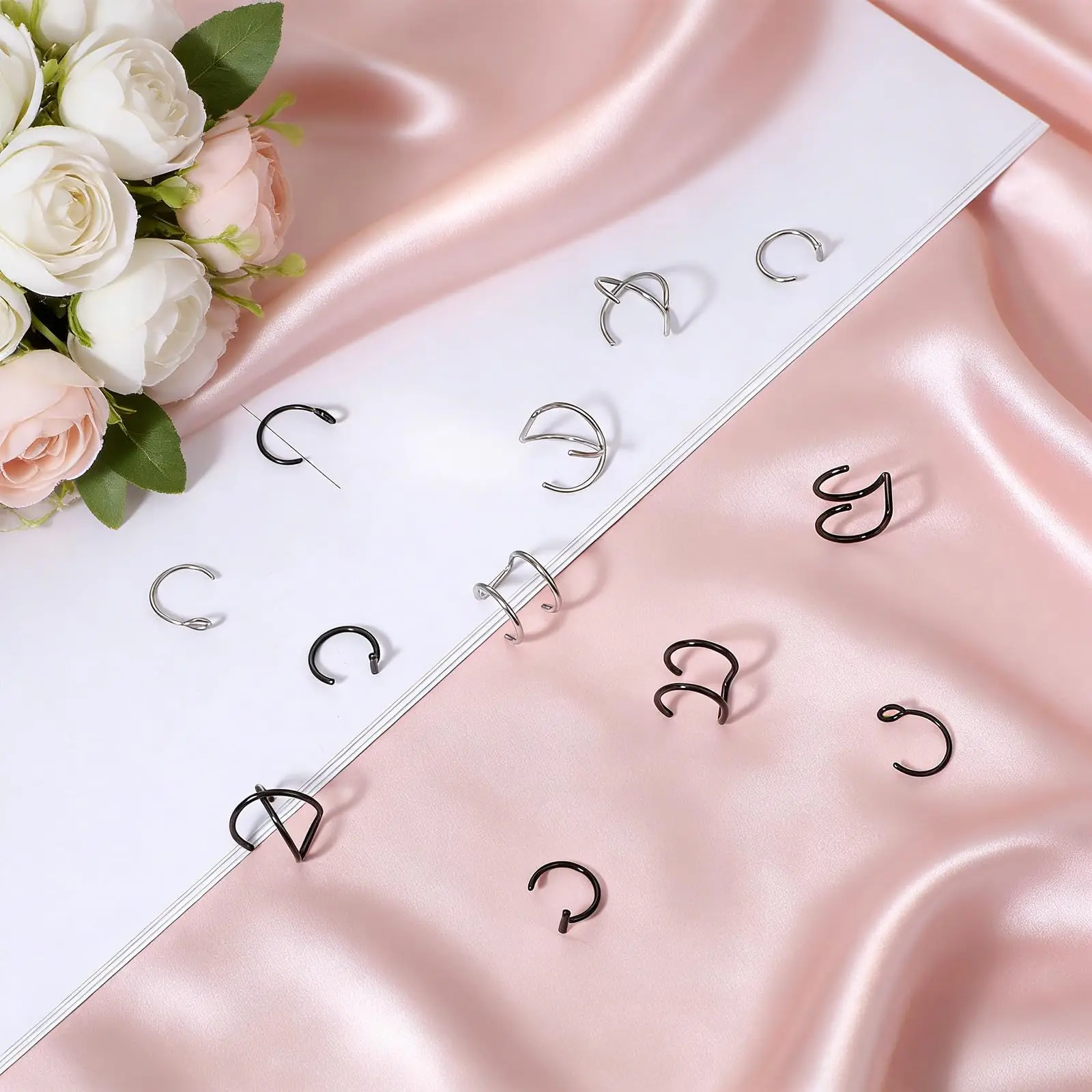 Fake Lip Rings Piercings 2 Pcs/16 Pcs 8mm Stainless Steel Double Cartilage Helix Earrings Ear Cuff for Women Men Silvery Black