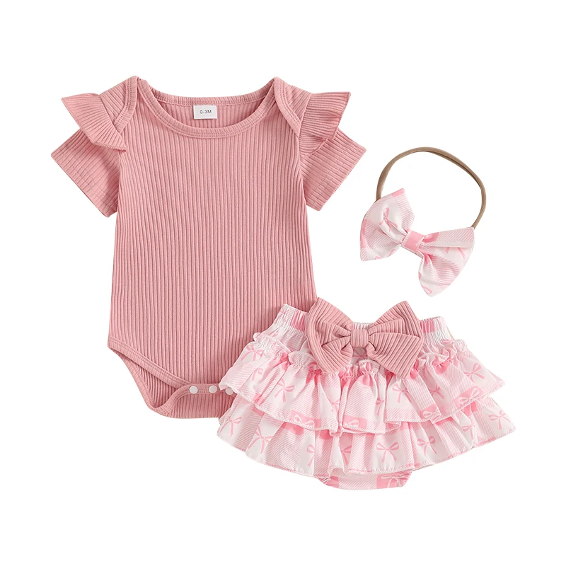 Baby Girl Summer Outfits Solid Color Crew Neck Short Sleeve Romper Bow/Sunflower Print Shorts Headband 3Pcs Clothes Set