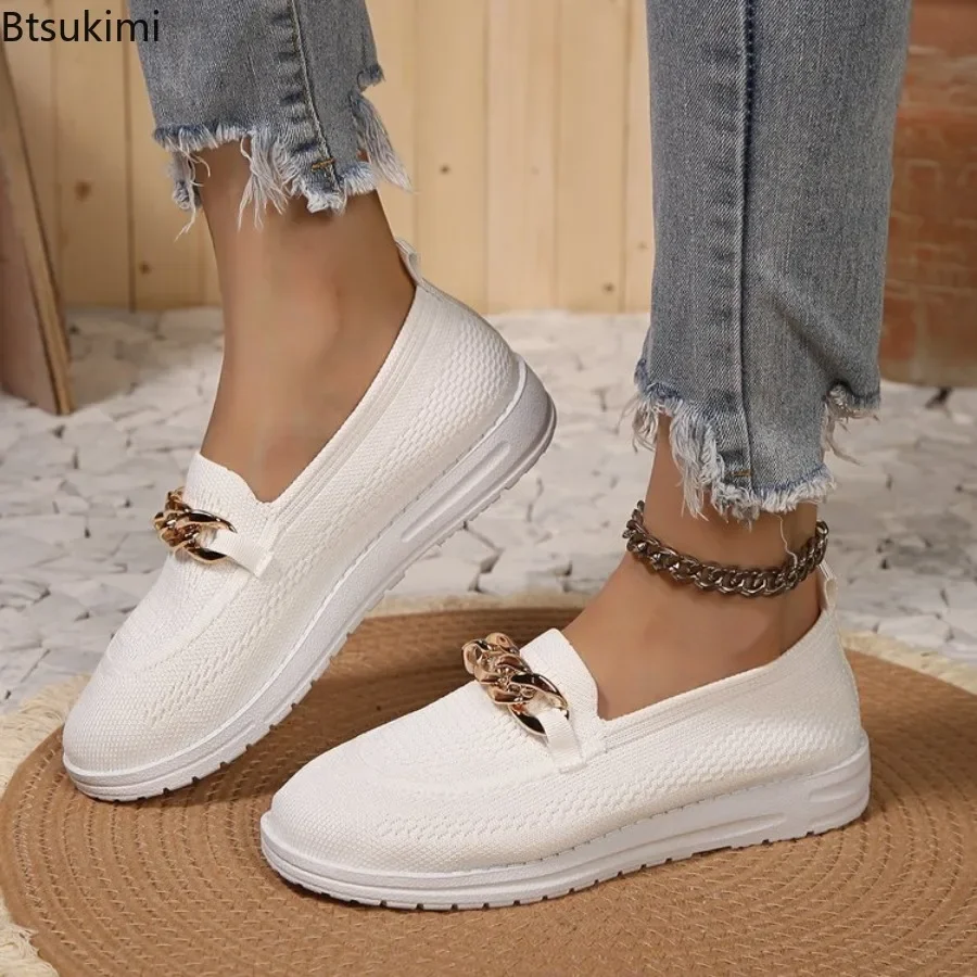 2025 Women's Chain Decor Flats Fashion Round Toe Shallow Loafers Casual Shoes Breathable Comfy Sneakers New Ladies Walking Shoes