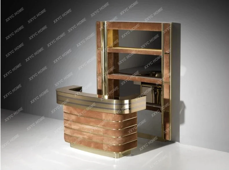 AAItalian Light Luxury High-end Wine Cabinet Bar Counter Integrated Design Suede Household Stainless Steel Storage High Cabinet