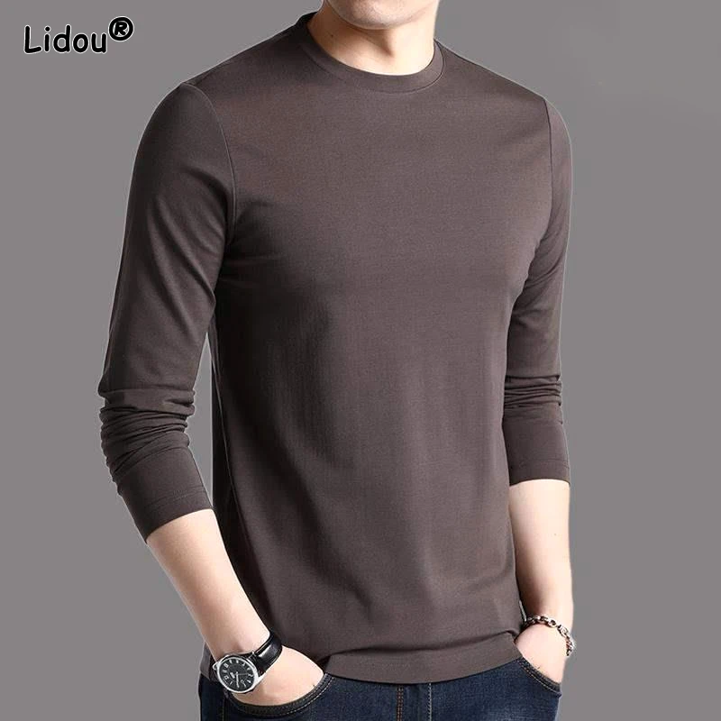 

Men's Autumn and Winter Pullover Round Neck Patchwork Fashion Casual Commuting Solid Color Slim Fit Versatile Long Sleeved Tops