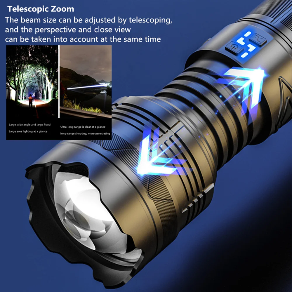 Super Bright Long Range Powerful LED Flashlight Type-C USB Rechargeable 24000mAh/11200mAh Power Display Torch Zoom Light