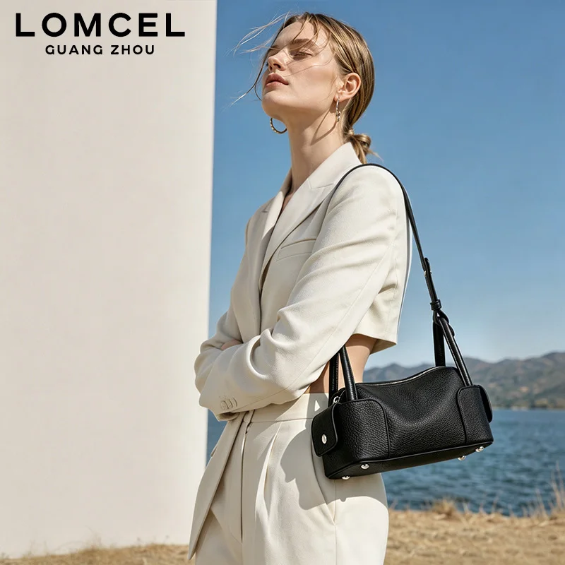 LOMCEL 233 Bowling ball single-shoulder bag - 2026 new model, top-grain cowhide casual Boston bag, genuine leather tote bag
