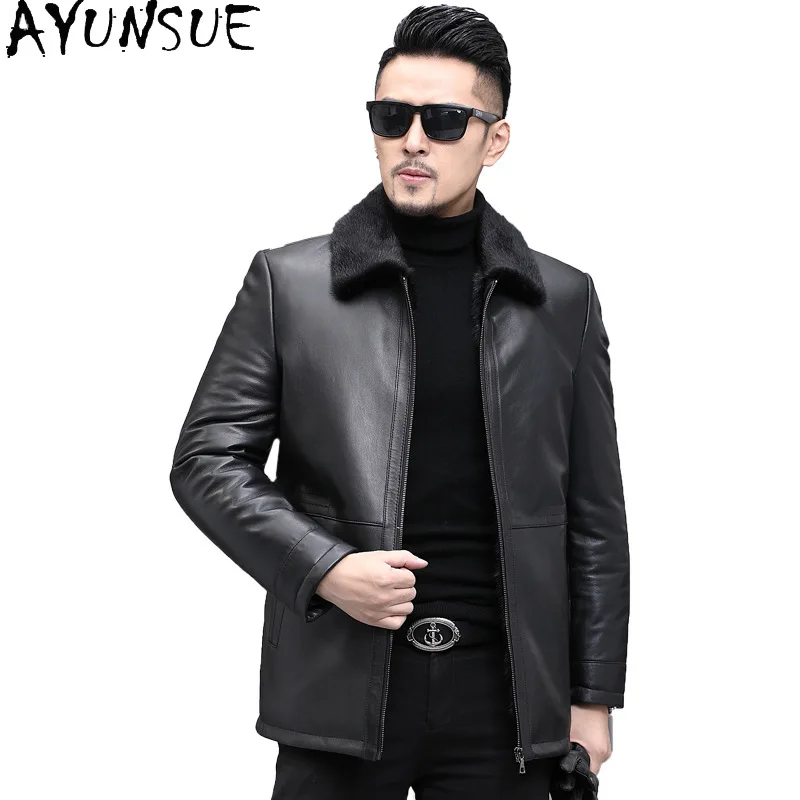 AYUNSUE New Genuine Leather Jacket Men Winter 2025 Mink Fur Liner Coat Real Sheepskin Leather Jackets Man Casual Black Fur Coat
