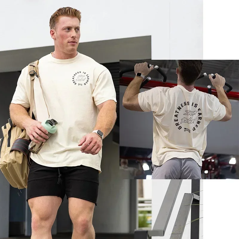 Gym Fitness T-shirt Summer New Loose Large Men Short Sleeve IR Rhino Muscular Tee Fitness Joggers Crew Neck T Shirt Tops