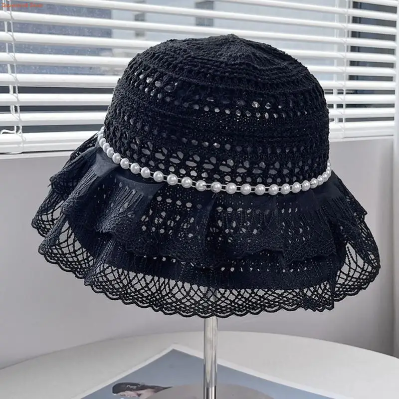Lace Knit Bucket Hat for Women, Openwork Crochet Floppy Hat with Artificial Pearls Trim and Scalloped Brims for Travel, Beach