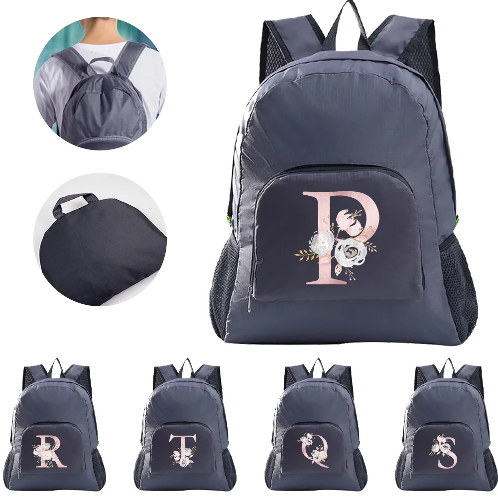 Foldable Pink Flower Letter Series Backpack Portable Travel Hiking Folding Bag High Capacity Ultralight Pack for Men Daypack