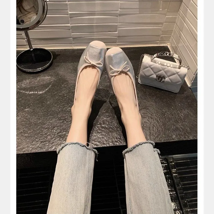 Flat ballet shoes large size 42 single shoes 2024 summer new round head shallow mouth flat sweet bow mary jane shoes