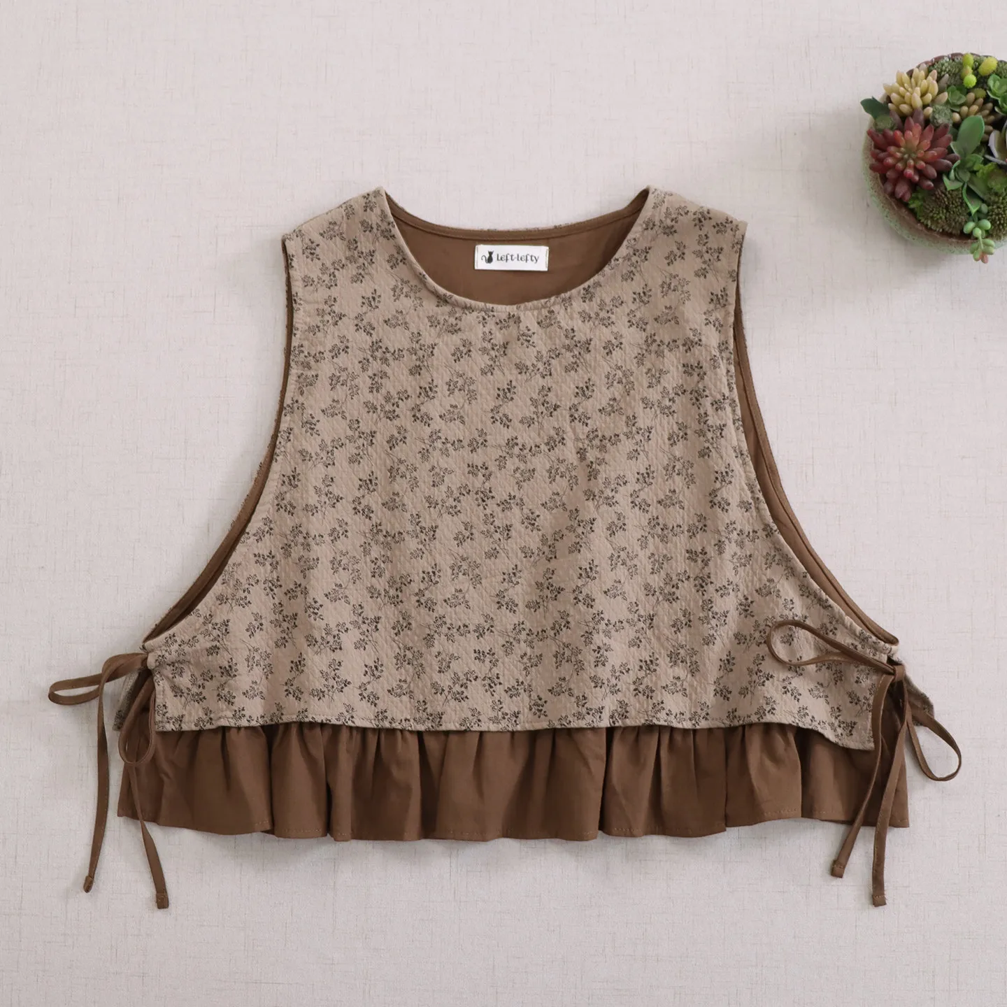 Japanese Vintage Mori Girl Floral Print Fake Two Pieces Vest Outwear Women Autumn O-Neck Sleeveless Side Lace Up Casual Tank Top
