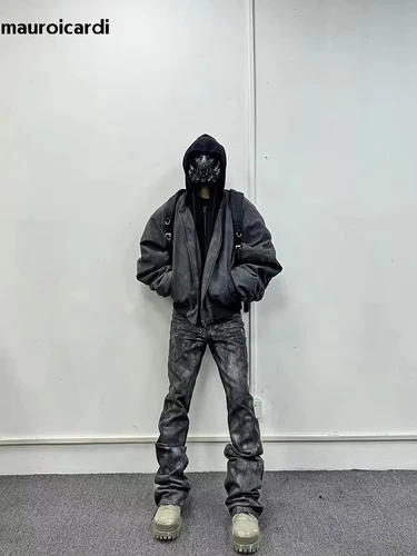 Imagen 2 del producto Mauroicardi primavera de gran tamaño Vintage negro imitación chaqueta de cuero de gamuza hombres cremallera falsa 2 piezas ropa de diseñador de lujo Sudadera con capucha 2024