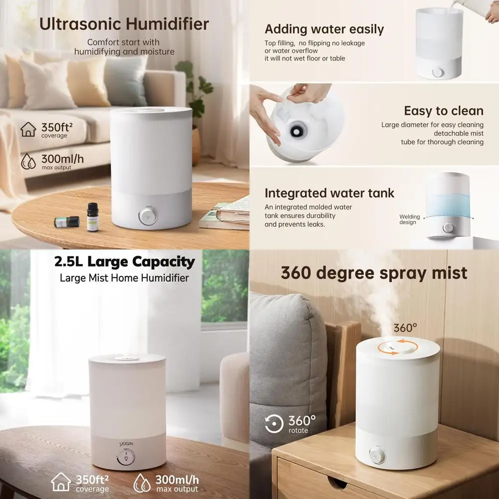 

Ультразвуковой увлажнитель воздуха Top-Fill 2.5L с холодным туманом для больших помещений, детских комнат и растений — 24-часовая работа, ультратихий, с ночником