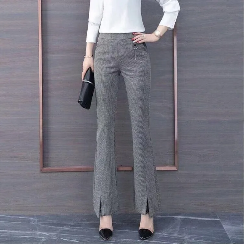 Slit Plaid Bell-bottom Pants for Women 2025 New Spring Swing Houndstooth High Waist Stretch Stylish Elegant Trousers
