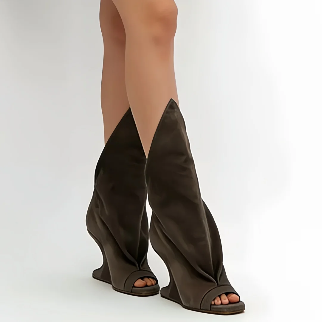 Runway Style Women Peep Toe Tall Boots Sculptural Wedge Heel Draped Pleated Upper Trendy Evening Statement Fashion Footwear