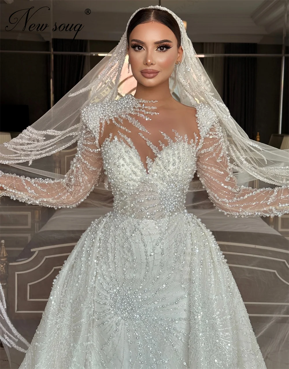 

Изысканный жемчуг Свадебные вечерние платья Съемная юбка Ближний Восток Обручальное платье Свадебные платья Vestidos De Nohce по индивидуальному заказу