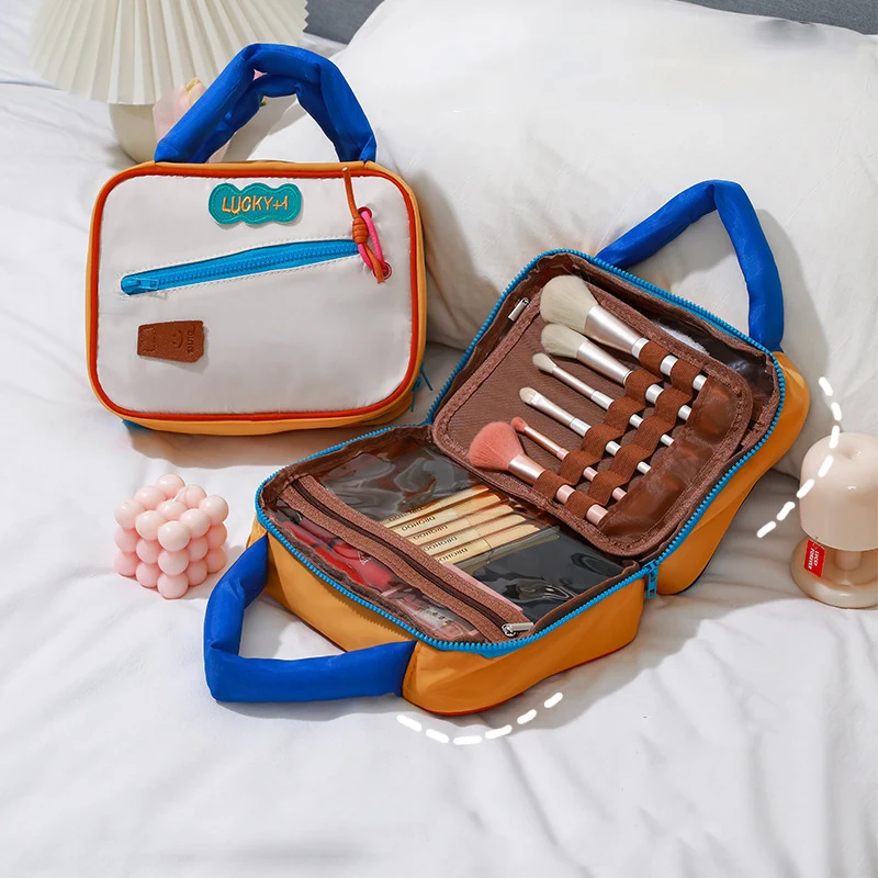 Large Capacity Cosmetic Bag Handheld Toiletry Bag Travel Skincare Storage Bag Color Collision Splicing Cotton Nylon Lining