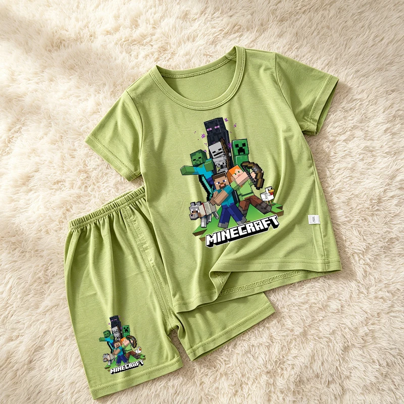 New Minecrafted Pyjamas Set Cartoon Sleepwear Man Short Sleeves Shorts 2pcs Male Pajamas Fashion Summer Clothes Home Wear Gift