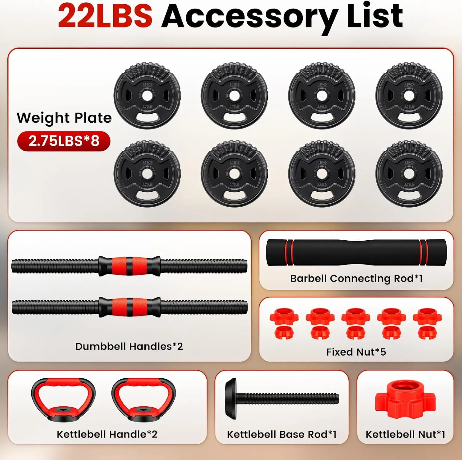 Adjustable Dumbbell Set, 5-in-1 Free Weight Kit with Connector, 22/33/45/70/90 lb Options for Barbell, Kettlebell, Push-Up Stand and Weight Plate, Home Gym Fitness Exercises for Men and Women