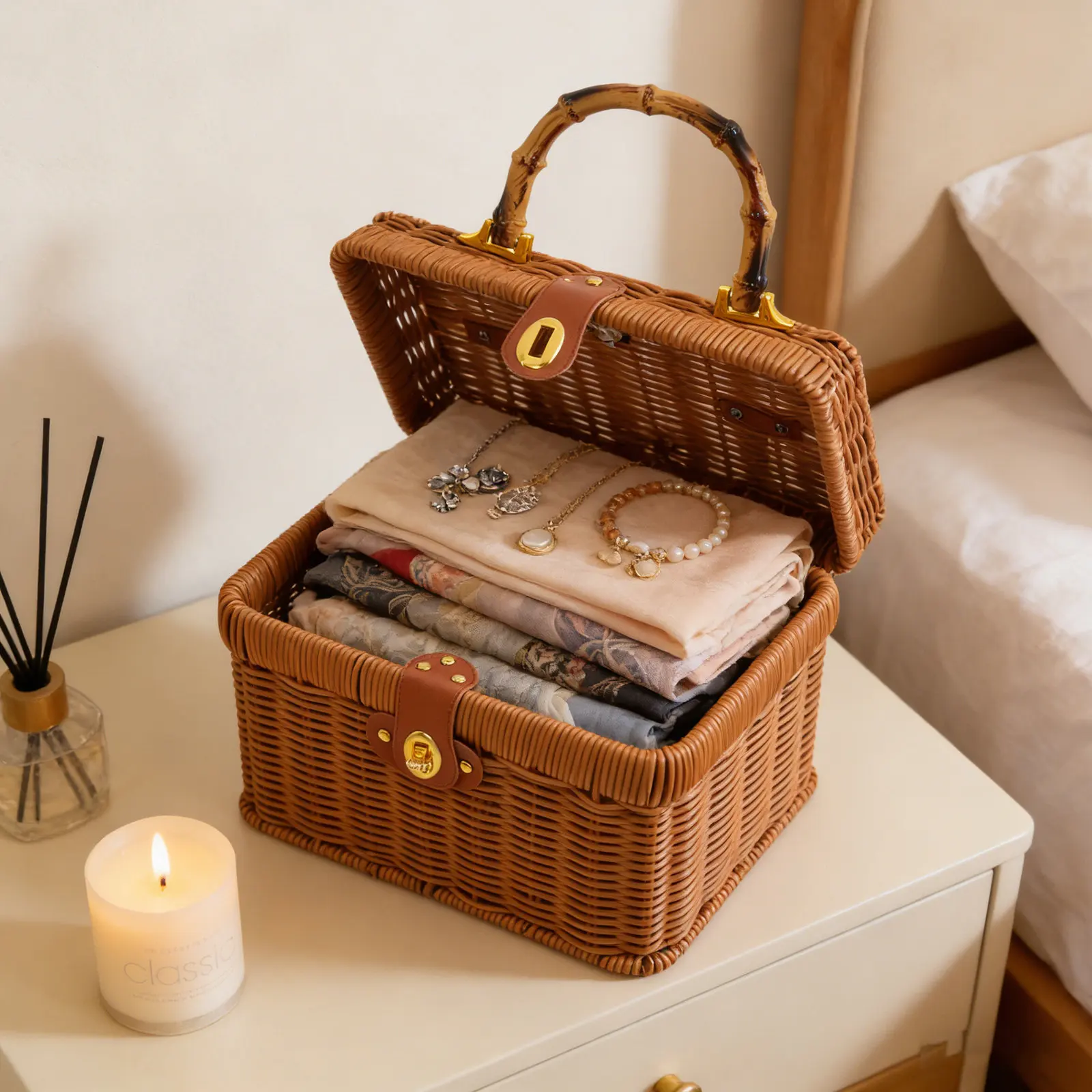Woven Harvest Basket Lid Imitation Rattan Hamper 9.4x6.6x6.1in Picnic Party Vegetable Fruits Dry Snacks Easter Egg Storage