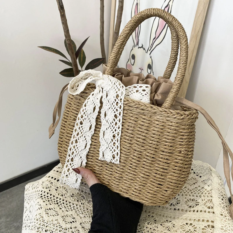 Women Straw Woven Drawstring Handbag Girls Solid Color Holiday Purse Crossbody Beach Bags Summer Rattan Tote view 5