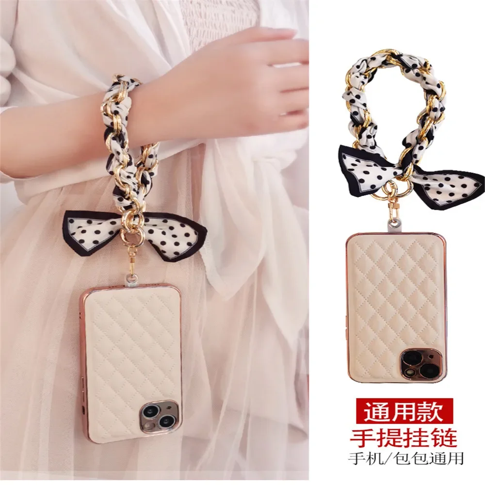 High-End Bag Phone Case Anti-Lost Sling Lanyard, Mobile Phone Case, Silk Scarf, Hand Hanging Chain, Braided Bow Metal Pendant