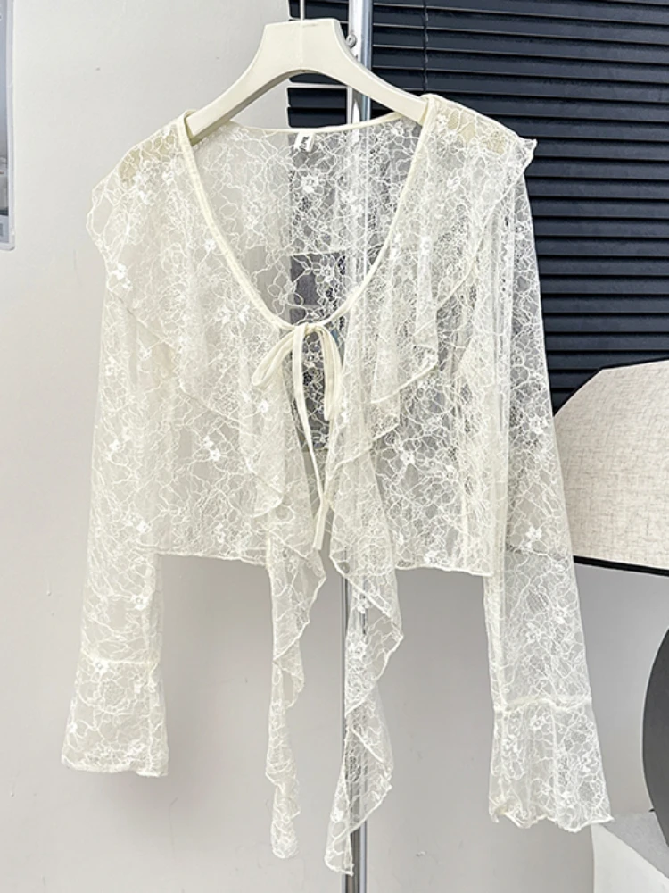 Summer French Sweet Lace Shirt Sunscreen Cardigan Women's 2024 High Quality Hollow Hook Lace-Up Ruffled Thin Long-Sleeved Blouse