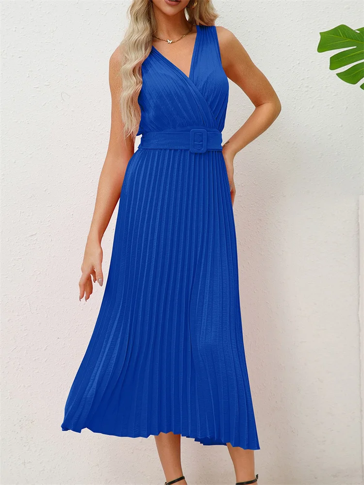 

2024 Elegant Women Long Pleated Party Dress with Belt Sleeveless V Neck Solid Office Casual Tunic Midi Evening Ladies Dresses