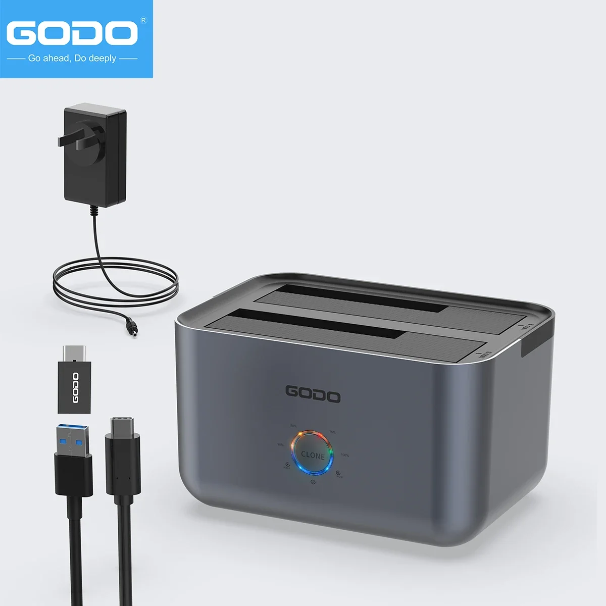 GODO Hard Drive Docking Station USB 3.0 Type C Dual Bay Hard Drive Dock for SATA 2.5/3.5 inch HDD SSD LED Offline Clone