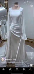 Funyue Soft Satin Simple Muslim Bridal Dress for Woman Bride Trumpet Court Train Satin Long Sleeves Ivory Wedding Gowns 2024