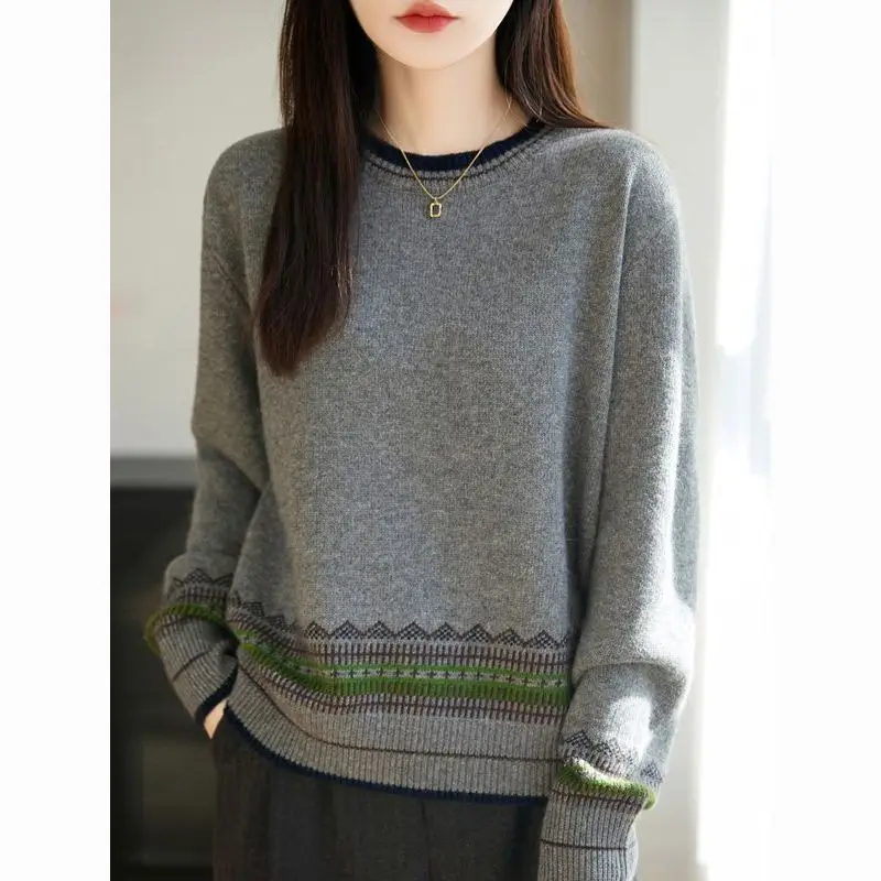 Women's New Korean Loose Plus Size Jacquard Ethnic New Vintage Versatile Base Layer Knit Top