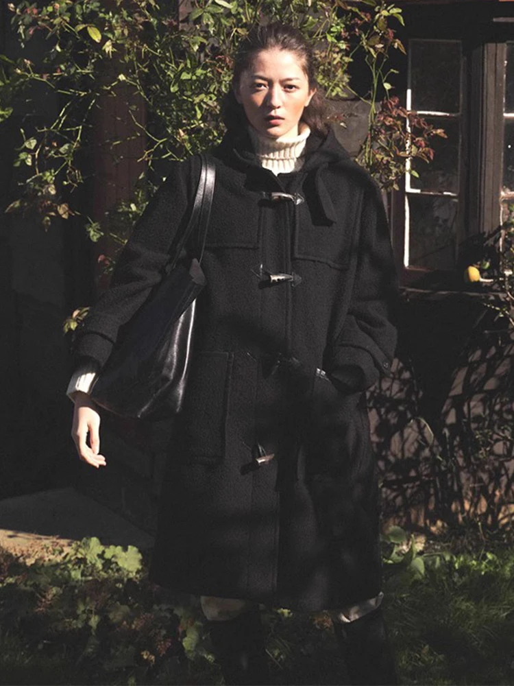 

Женское длинное шерстяное пальто в корейском стиле, на пуговицах, с капюшоном, однотонное, свитер-накидка, весна 2025, для повседневной носки