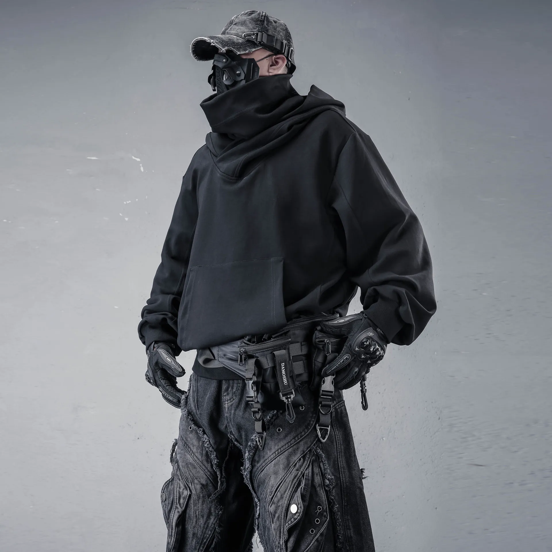 Heavy Industry Techwear  and Autumn Hooded Turtleneck Sweater Men's Loose Large Size High Street Double Collar Dark Hoodie