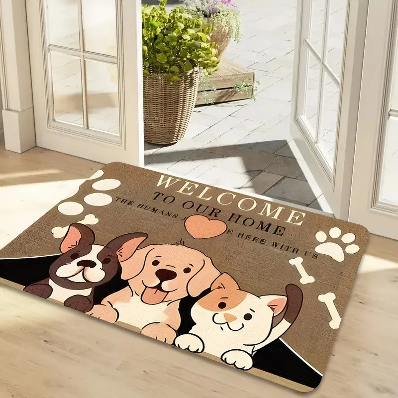 Cartoon Puppy Kitten Welcome Slogan Doormat Pet Lover Entry Rug Anti Slip Floor Mat For Family Household Front Porch Entrance