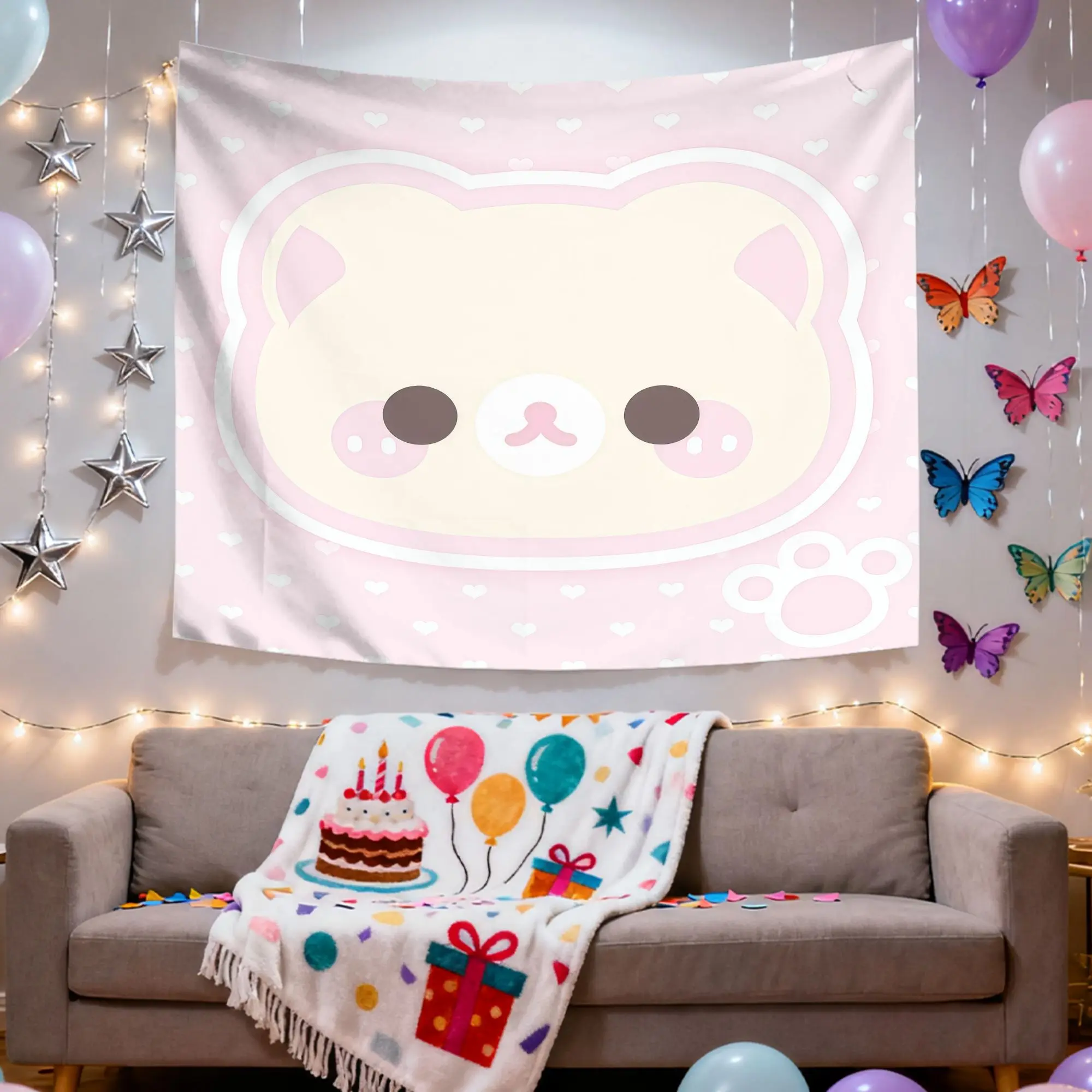 VIKAMA Cute Kawaii Bear Tapestry, Pink Heart Wall Hanging, Soft Aesthetic Room Decor for Girls Bedroom Dorm Nursery
