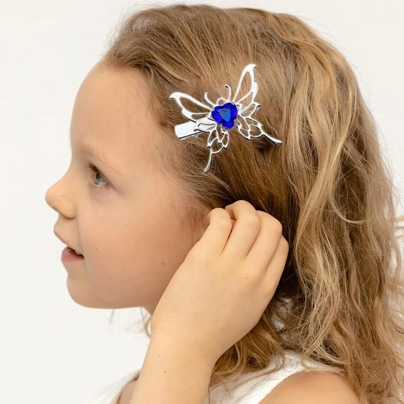

652F Metal Butterfly Hair Clip with Crystal Heart Women Hair Styling Side Clip for Thin Hair Korean Electroplate Barrettes