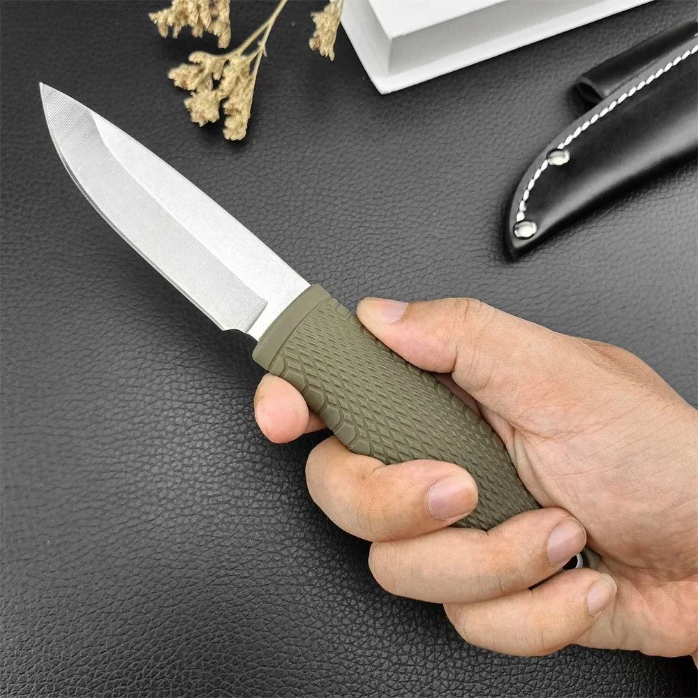 BM 200 Fixed Blade Hidden Knife D2 Blade Green Rubber Handle EDC Hunting Camping Tactical Multi-Purpose Tool Gift Leather Sheath