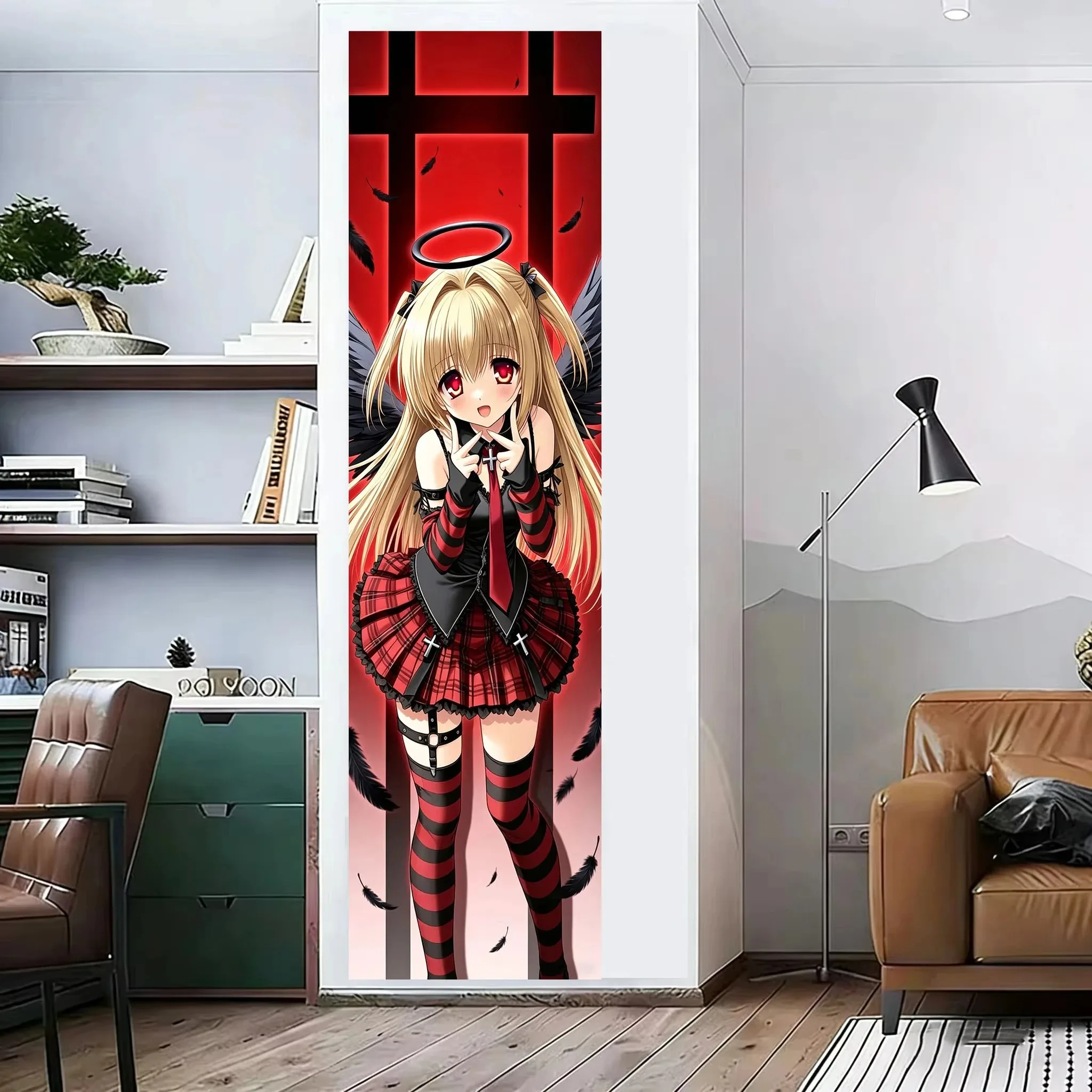 Gothic Punk Angel Anime Girl Long Vertical Wall Tapestry, Red Cross Black Wing Halo Plaid Skirt Print Wall Hanging, Dark Red Fea