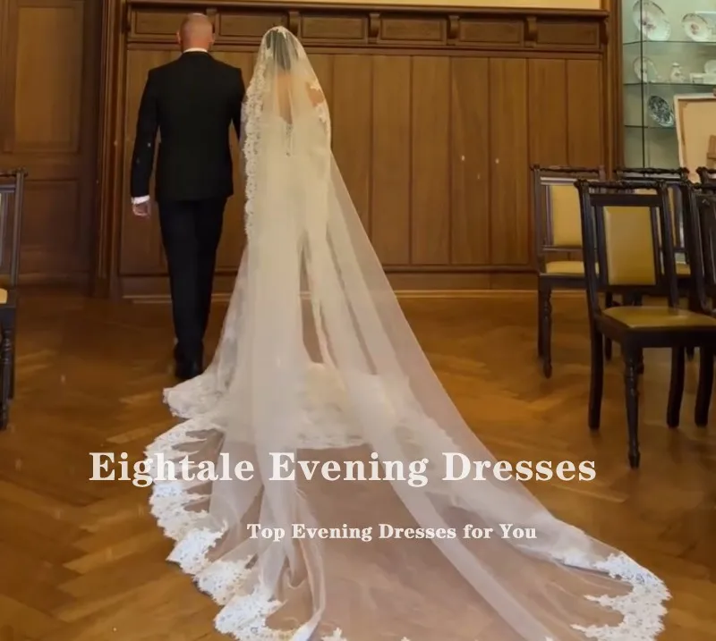 Eightale Lace Wedding Dresses V-Neck Customized Long Sleeves Lace Mermaid White Ivory Muslim Bridal Gown Vestidos De Novia