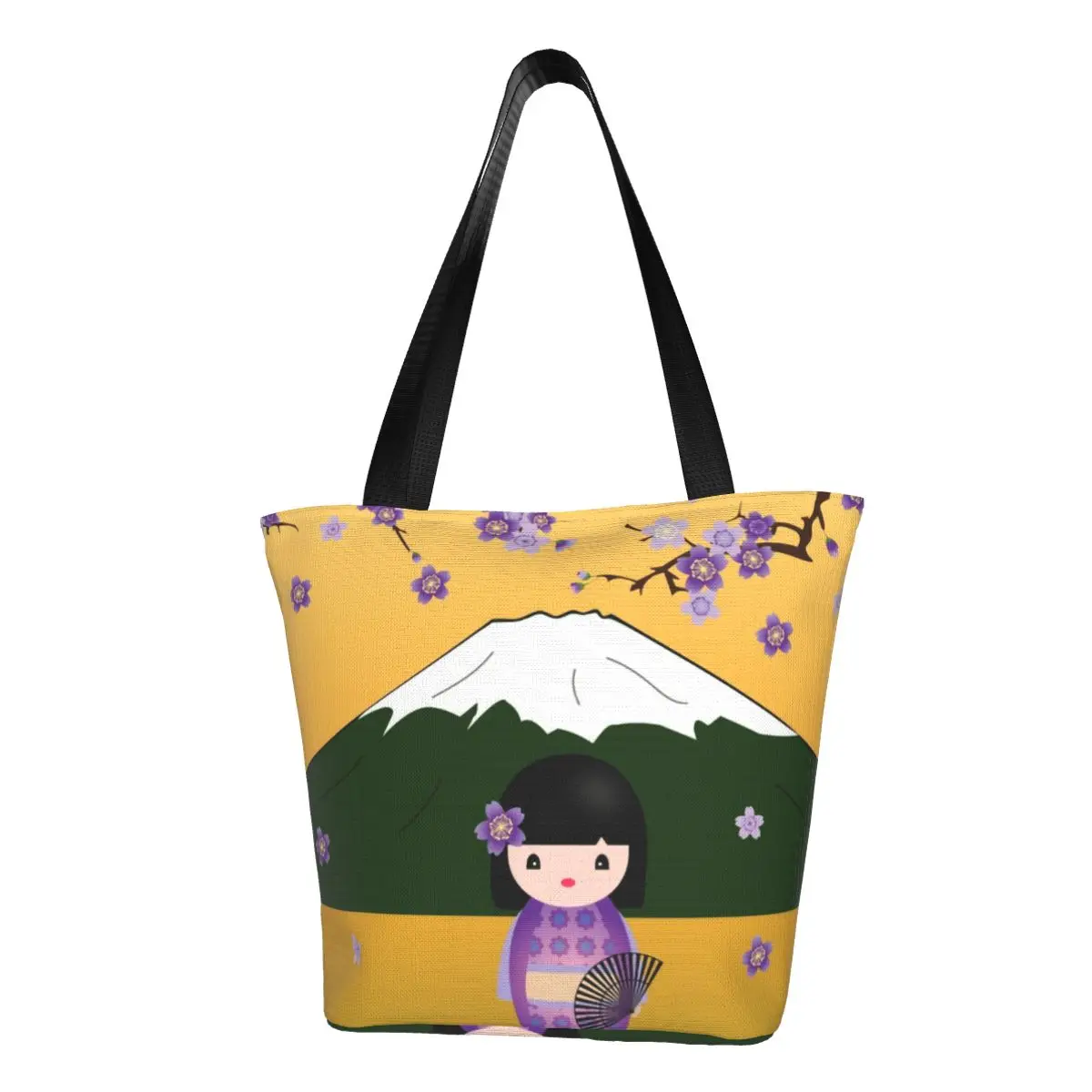 Custom Purple Spring Kokeshi Doll Scenery Grocery Tote Shopping Bags Women Canvas Shopper Shoulder Bag Large Capacity Handbag