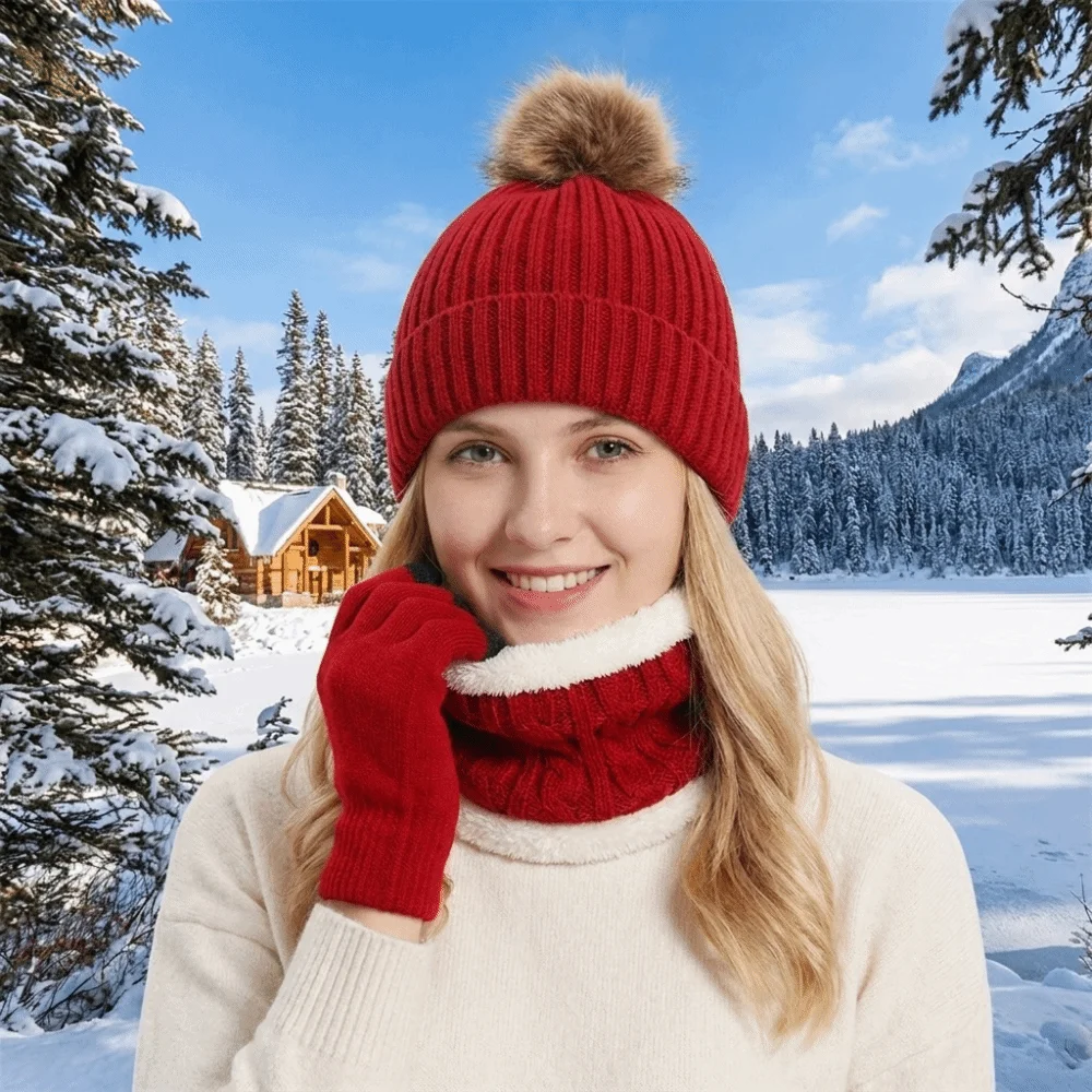 Thickened Hat Scarf Gloves Set Solid Color Thermal Pompom Beanies Hat Twist Texture Cold-Proof Winter Knitted Gloves Set Men