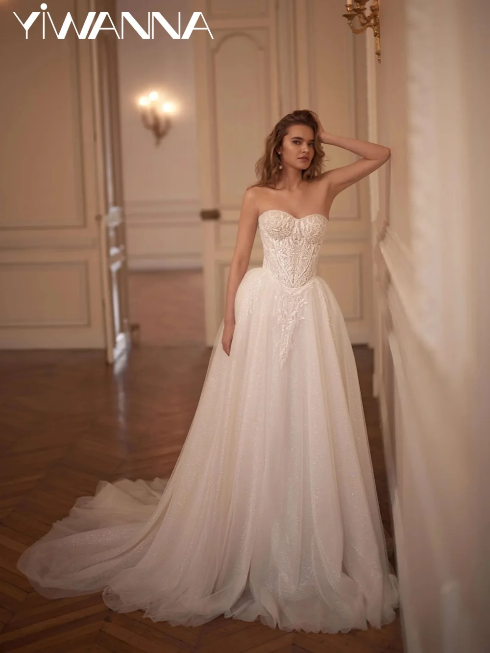 Dazzling Tulle A-line Long Wedding Dress Delicate Beaded Appliques Bridal Gown Customized Sweetheart Neck Dresses For Bride