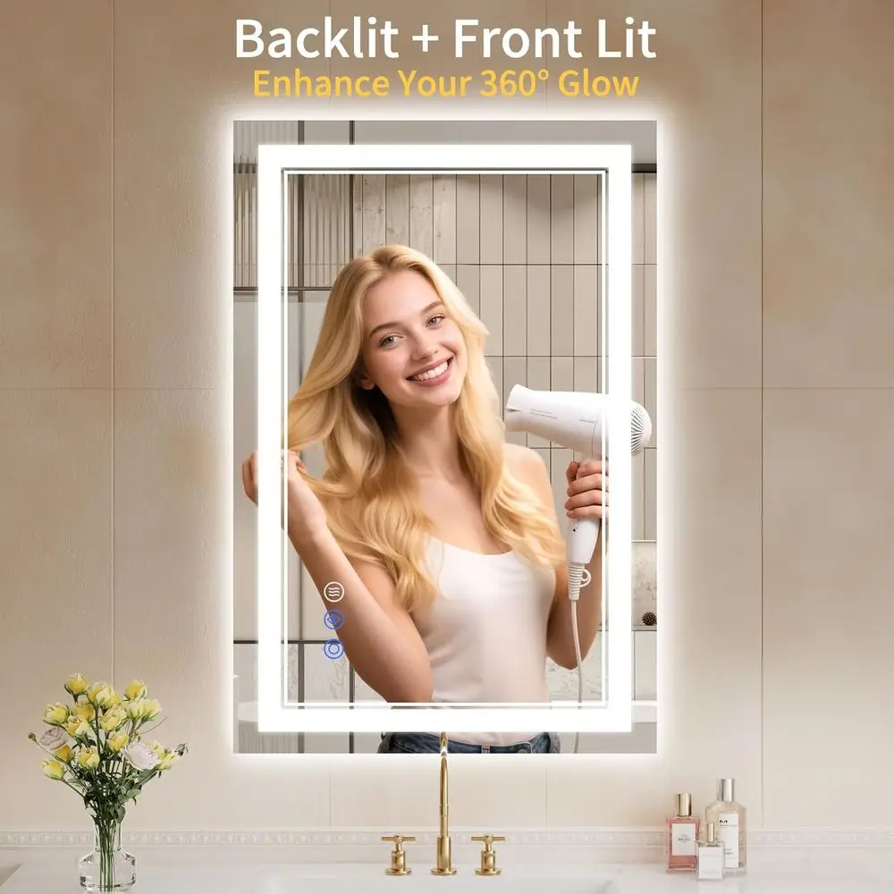 Espelho de vaidade LED iluminado 24x36 com antiembaçante, retroiluminado e frontal, regulável, vidro temperado, 3 opções de cores