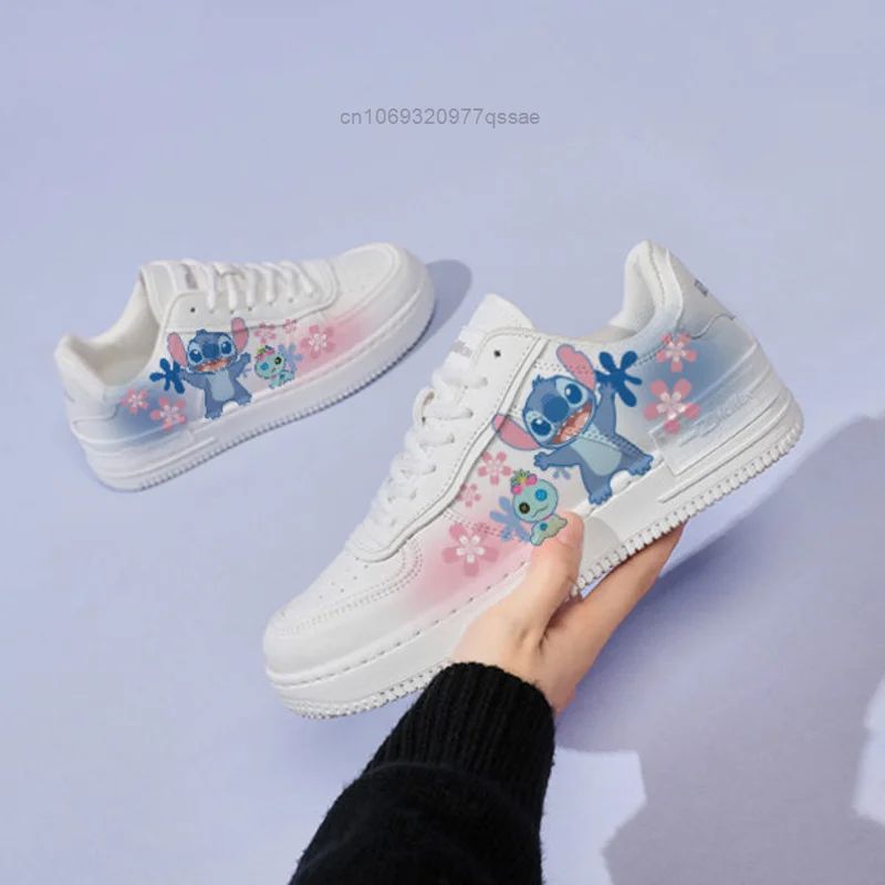 Disney Stitch Cute Cartoon Lace-up White Shoes Y2k Women's Fashion Sporty Sneakers Thickened Sole School Skateboard Shoes