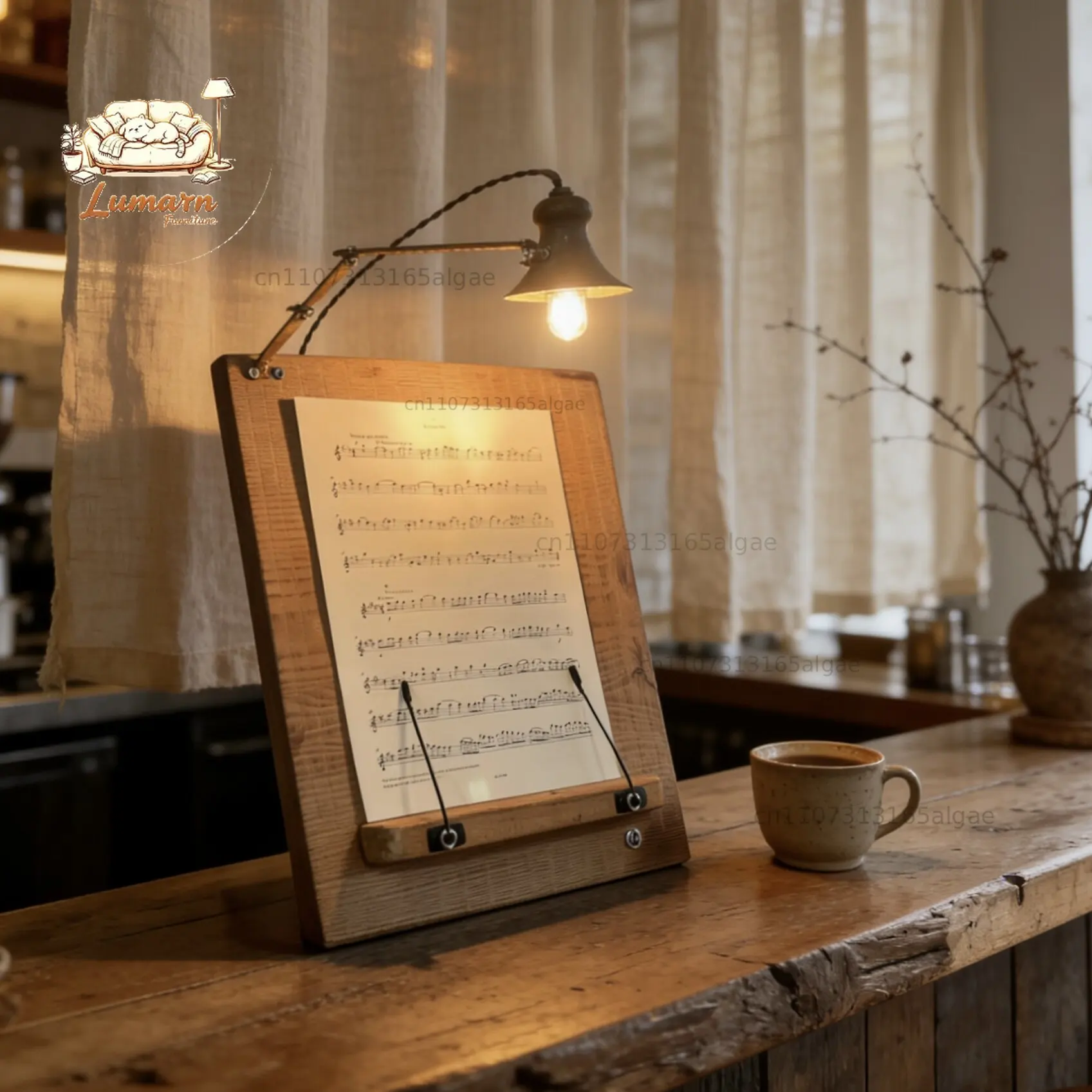 Retro wooden sheet music reading stand with lamp, desktop literary solid wood desk lamp bookend, multi-functional calligraphy