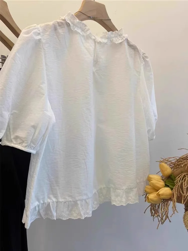 Loose round Ne ort Sve irt Women's Summer Casual Faion Earlobe Design Korean Sle Top Comfortable Breathable