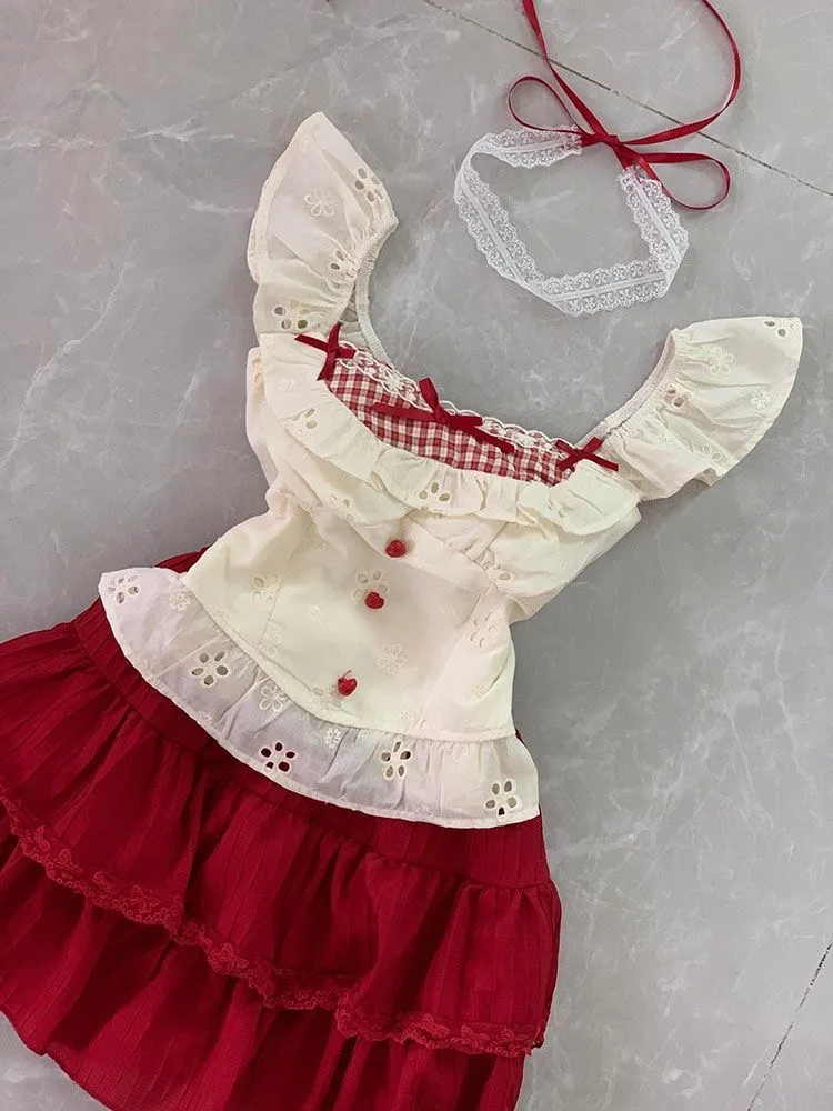 Ensemble deux pièces en Patchwork pour femmes, haut en dentelle à volants + Mini jupe plissée rouge, costume coréen Kawaii Design avec nœud, tenues mignonnes, été